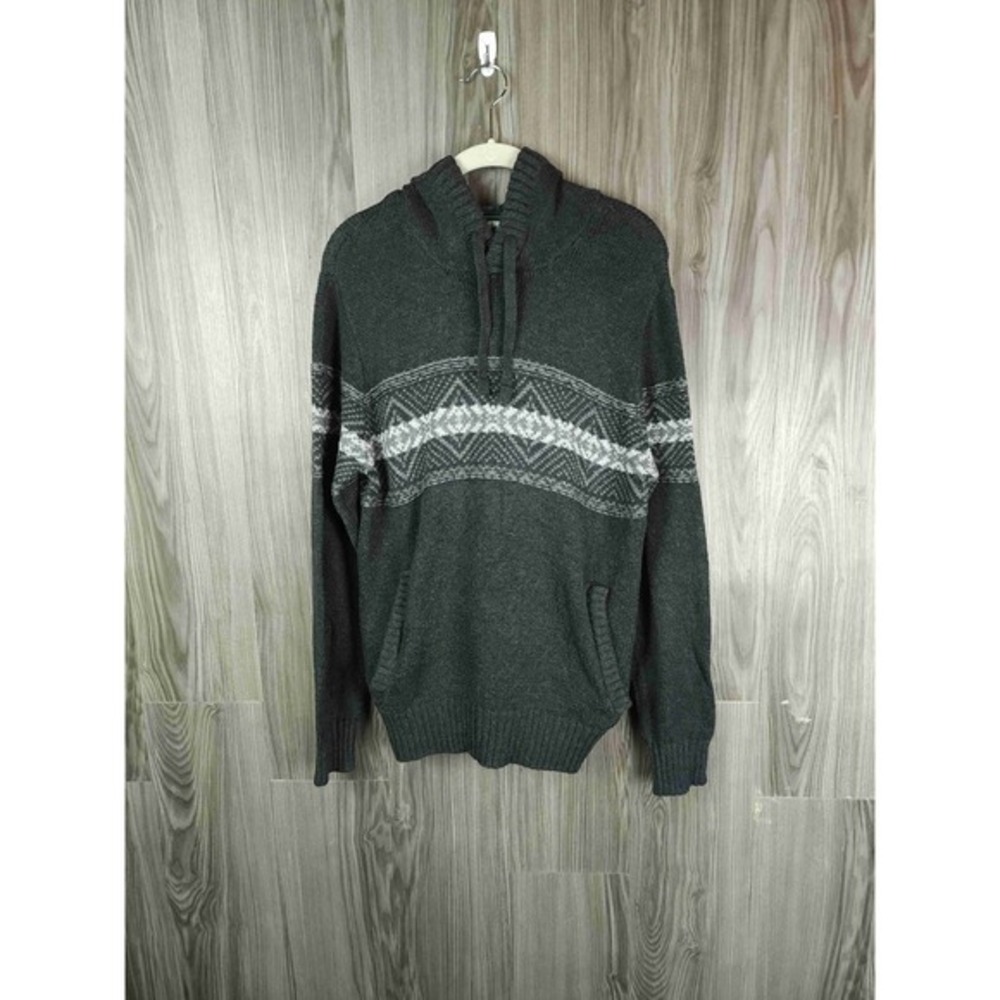 American Eagle Gray Patterned Drawstring Hooded Sweater Medium